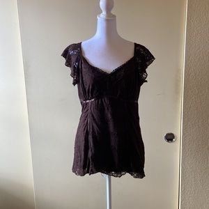 Venezia Cap Sleeve Lacy Top - Brown - Size L